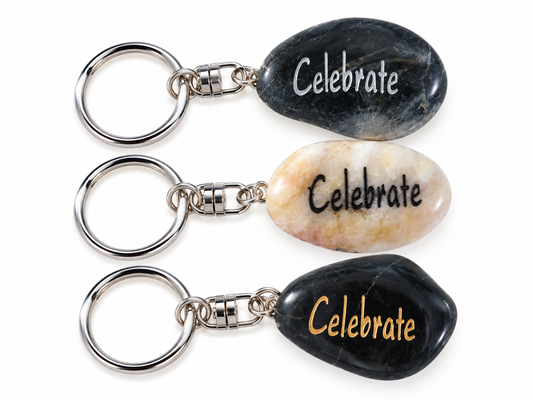 inspirational stone key ring reading celebrate
