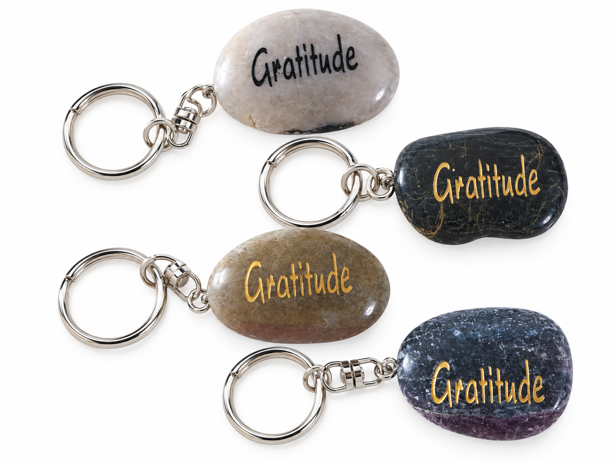 inspirational stone key ring reading gratitude