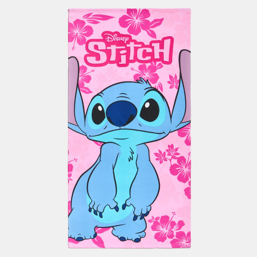 disney stitch pink microfibre beach towel laid flat showing full character design