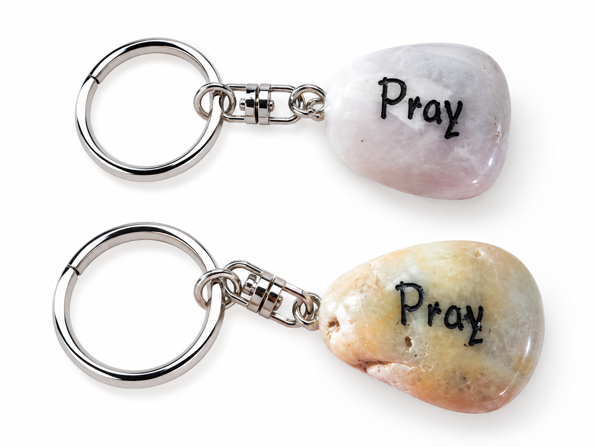 inspirational stone key ring reading pray