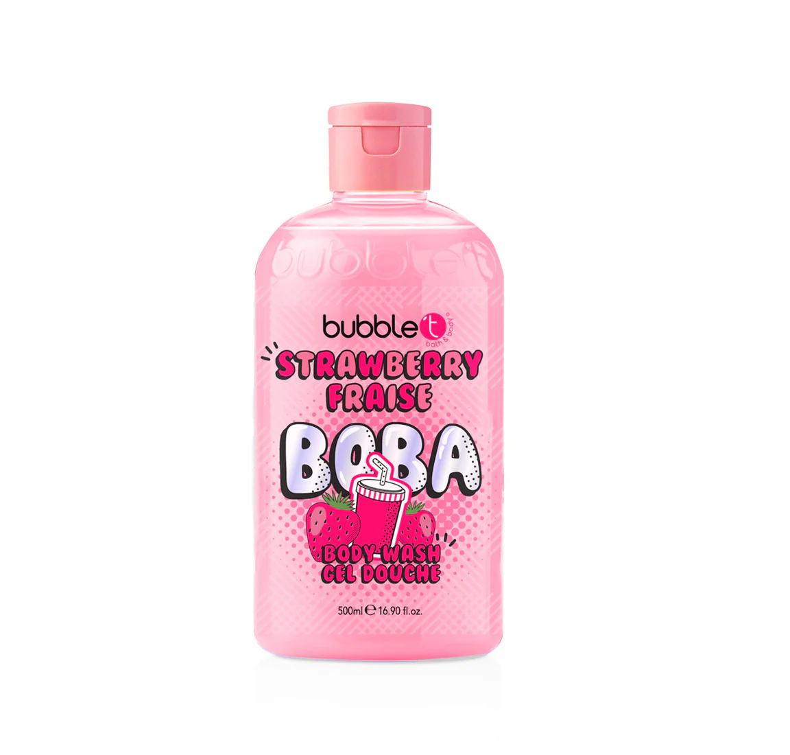 bubble t strawberry boba tea shower gel 500ml, fruity body wash with strawberry fragrance, gently cleanses and refreshes skin, ideal for daily use, vibrant and fun