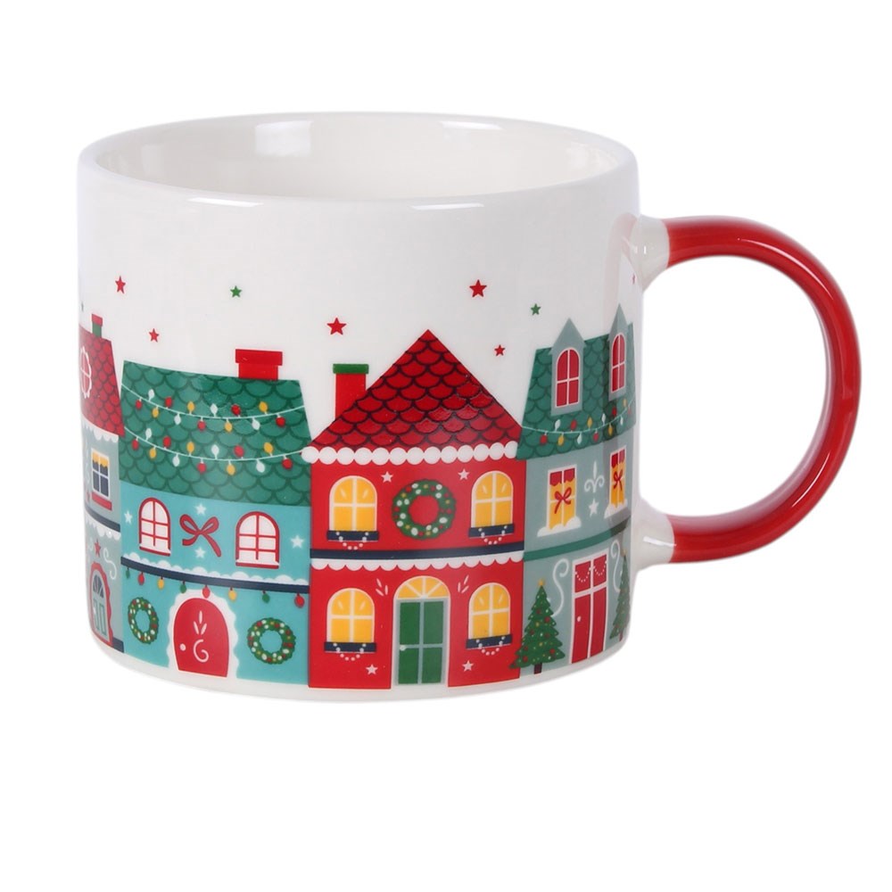 front view of christmas street print mug with colourful festive houses