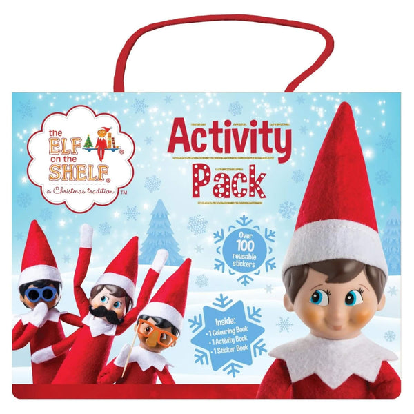 christmas elf on the shelf activity pack, includes colouring book, activity book, and 100 reusable stickers, perfect for festive fun and creativity