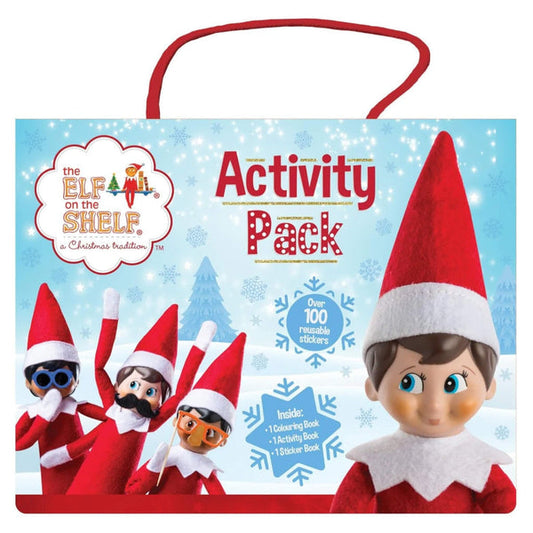 christmas elf on the shelf activity pack, includes colouring book, activity book, and 100 reusable stickers, perfect for festive fun and creativity