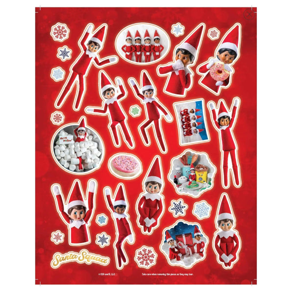 reusable christmas elf on the shelf stickers applied to activity book pages, adding a fun, personal touch to the holiday activities