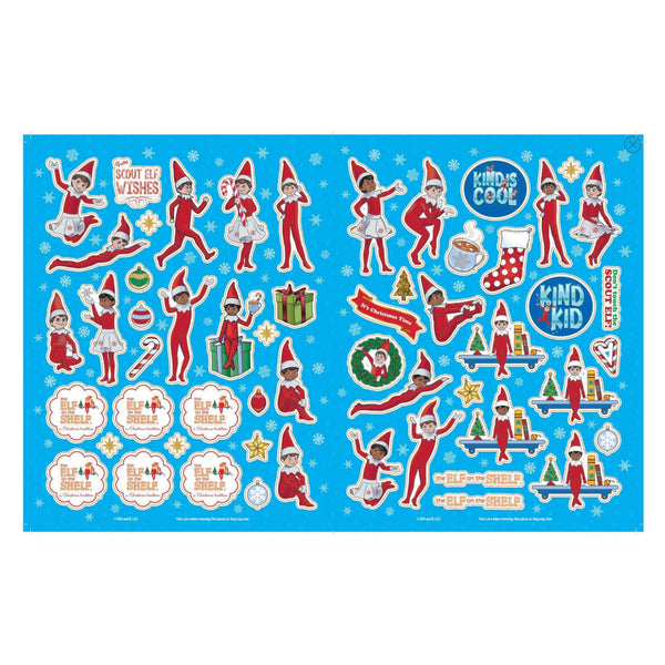close-up of christmas elf on the shelf stickers, featuring elves, presents, and holiday motifs