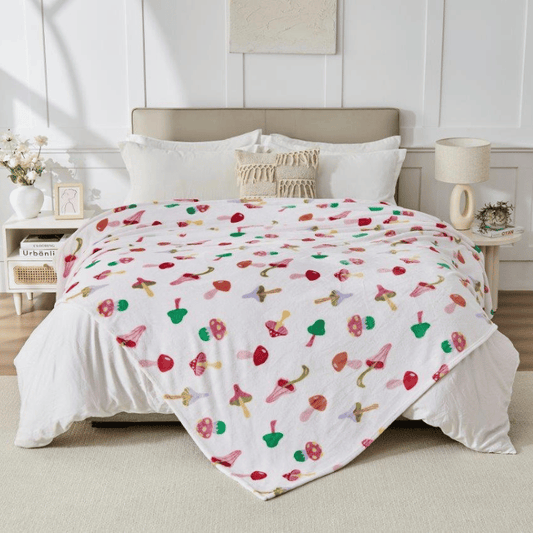 funky mushroom flannel throw with colourful quirky design for sofas and beds