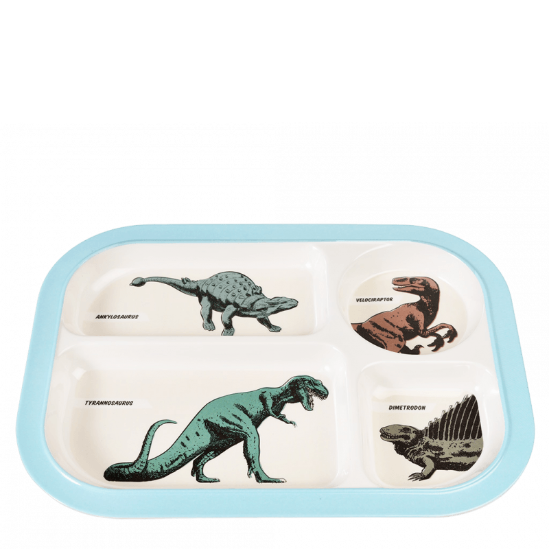 Dinosaur children’s food plate with divided sections, melamine kids dinner tray featuring colourful dinosaur illustrations