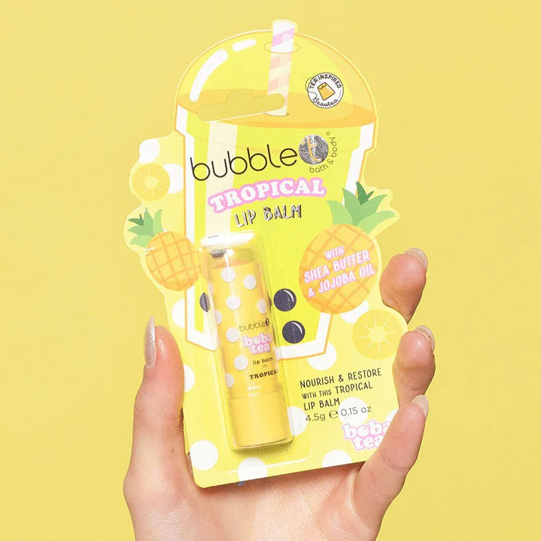bubble t tropical lip balm 4.5g, moisturising lip balm with shea butter and jojoba oil, tropical fragrance, non-sticky, cruelty-free