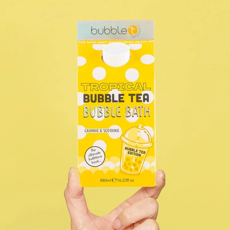bubble t tropical bubble bath 480ml bottle showing colourful tropical design and packaging