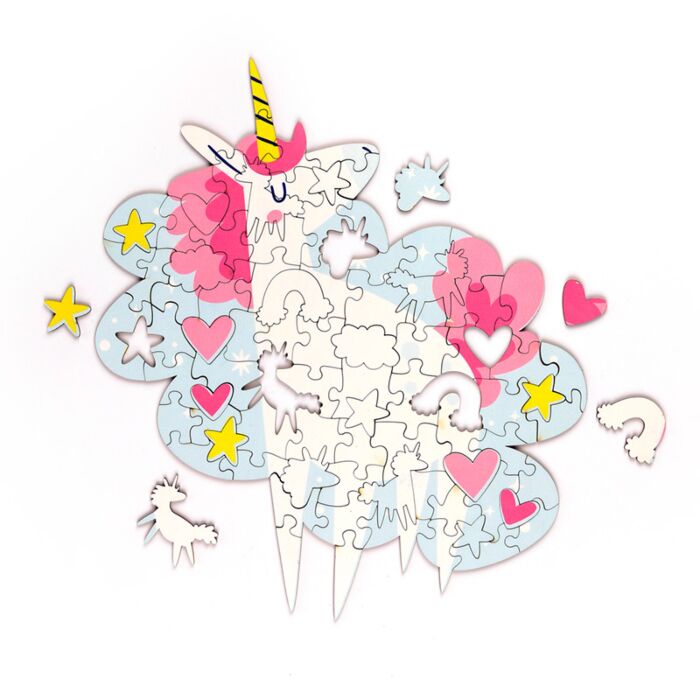 unicorn magic shaped wooden jigsaw puzzle assembly in progress showing interlocking unicorn themed pieces
