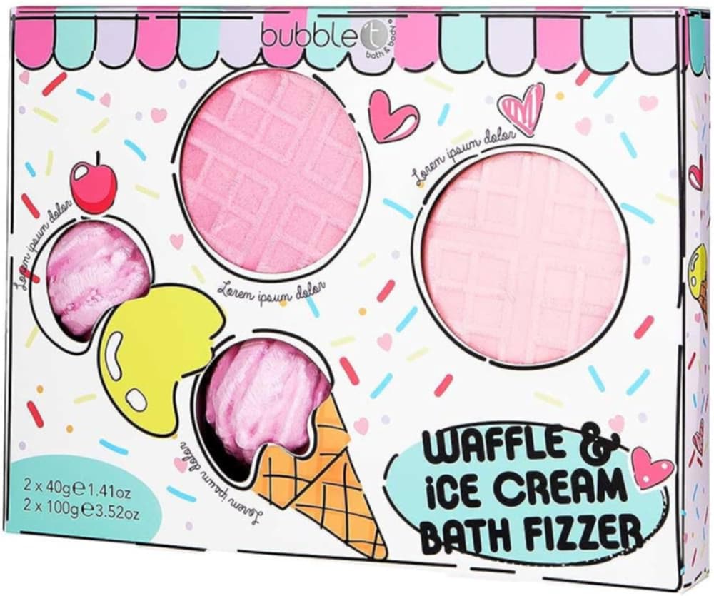 bubble t waffle & ice cream bath bomb gift set, colourful bath fizzers in waffle and ice cream shapes, fun and playful packaging, perfect for gifting