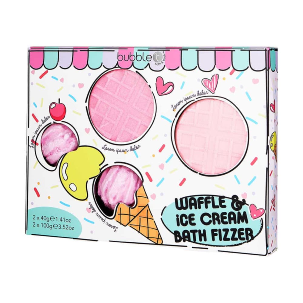 bubble t waffle & ice cream bath bomb gift set, set of colourful bath bombs shaped like ice cream and waffles, playful design for a fun bath experience