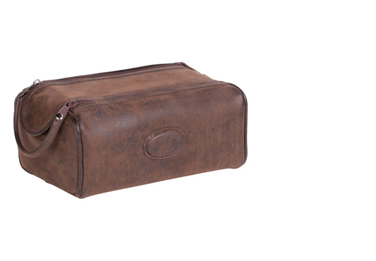 faux leather mens wash bag with twin zip opening carry handle and internal compartments