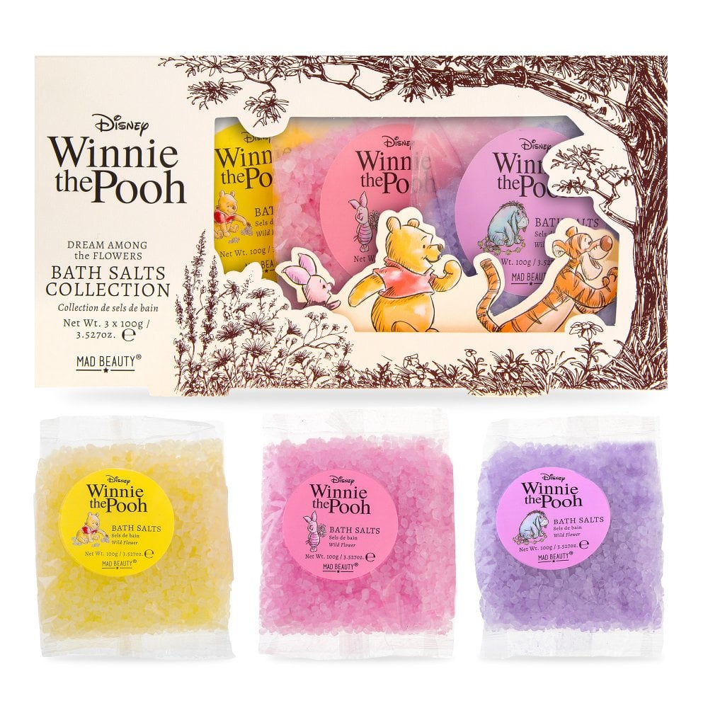 boxed disney winnie the pooh bath salt trio beside three individually packaged salts