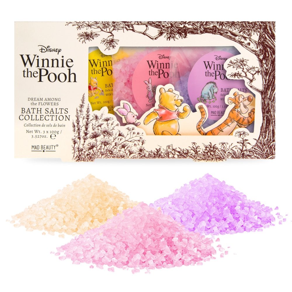 disney winnie the pooh bath salt trio with three salts displayed in pretty piles