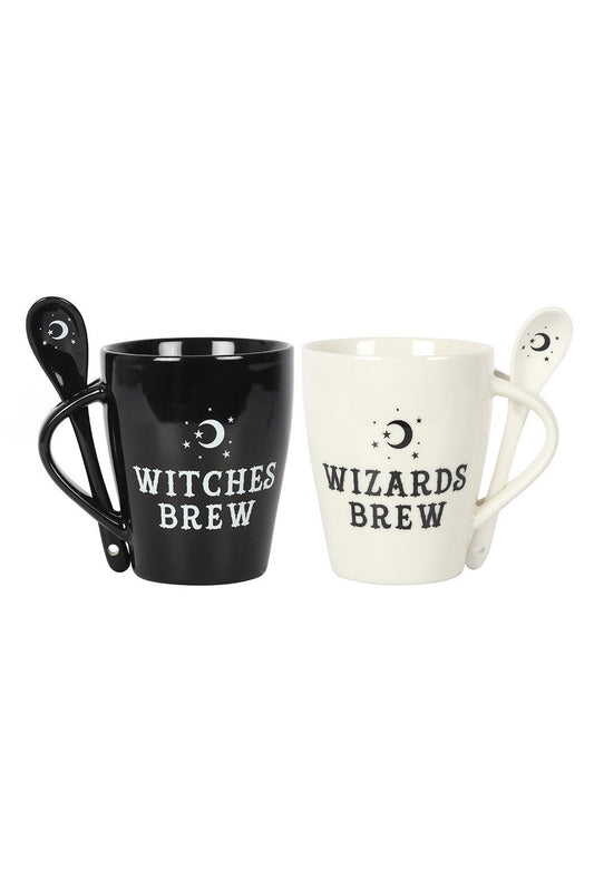 pair of mugs with 'WITCHES BREW' and 'WIZARDS BREW' text, one in black and one in white, each with a handle and a slot for a spoon