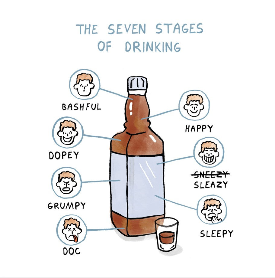 front view of the seven stages of drinking blank card, featuring humorous hand-drawn illustration