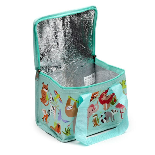 open zooniverse rpet insulated lunch bag showing foil lined interior and zip closure
