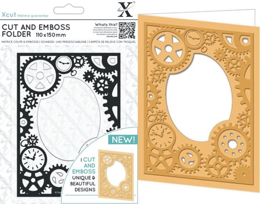 xcut cut and emboss folder steampunk cogs design, perfect for paper crafting, creating texture and dimension in card making or mixed media projects