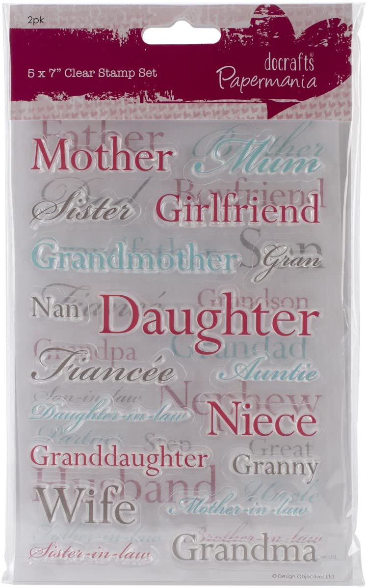 clear stamps set featuring family-related sentiments for card making and paper crafts, includes words for birthdays, celebrations, and family occasions