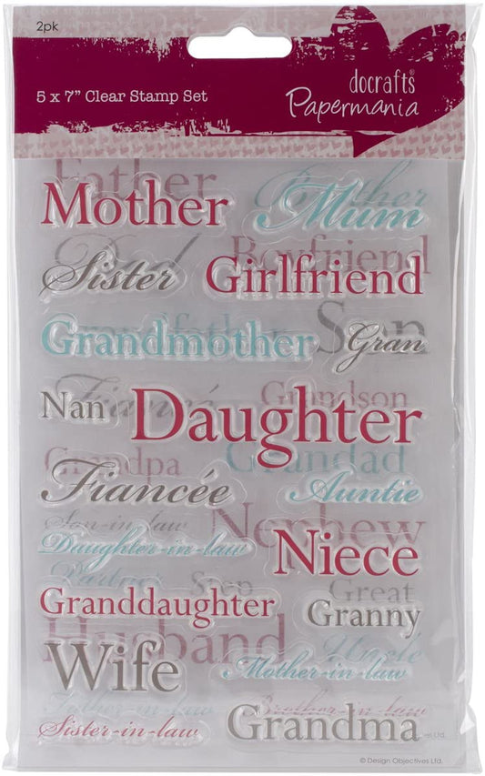 clear stamps set featuring family-related sentiments for card making and paper crafts, includes words for birthdays, celebrations, and family occasions
