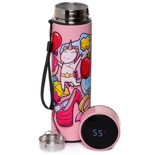 unicorn stainless steel thermal bottle with tea strainer and digital thermometer in lid
