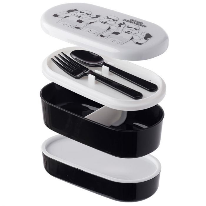 star wars stormtrooper bento lunch box with fork and spoon shown separated components