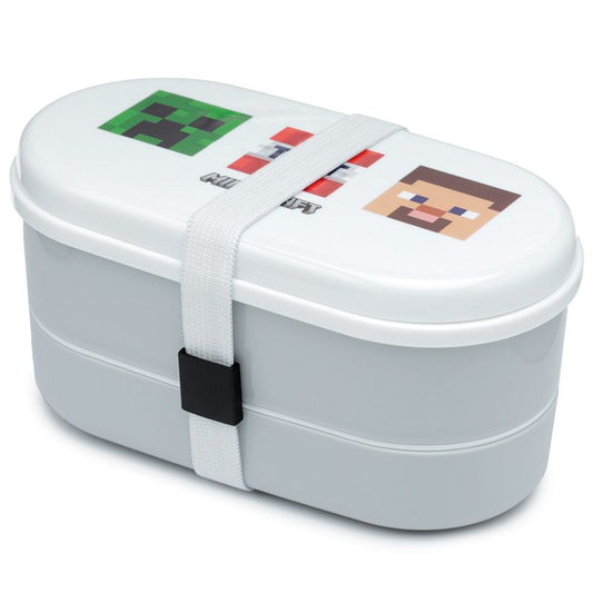 minecraft faces stacked bento lunch box with elastic band and cutlery