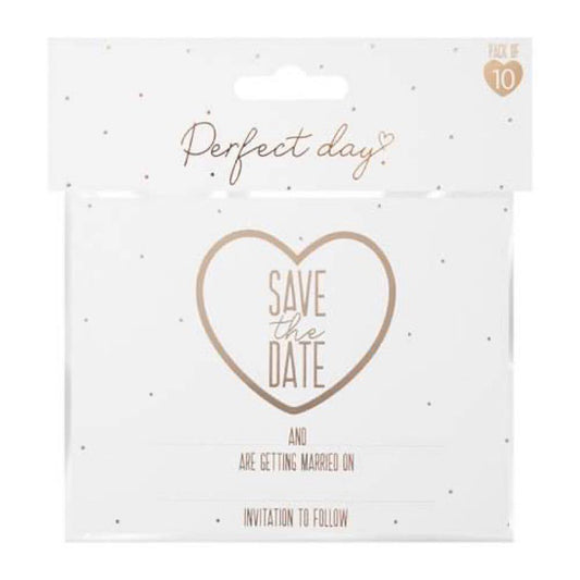 rose gold save the date card featuring heart outline on white background with matching envelope