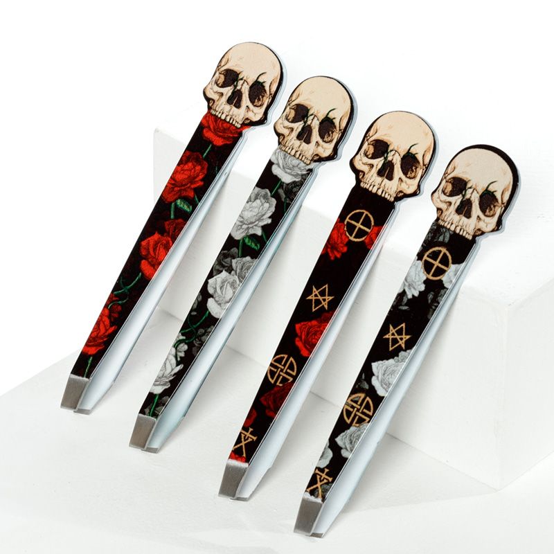 skull and roses pointed and slanted tweezers for precise grooming and beauty touch-ups
