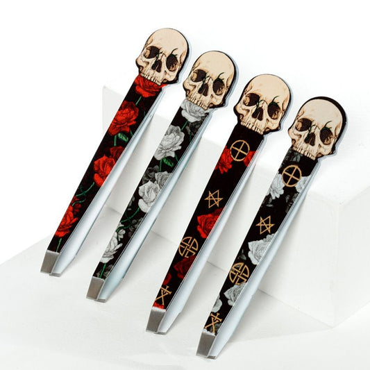 skull and roses pointed and slanted tweezers for precise grooming and beauty touch-ups
