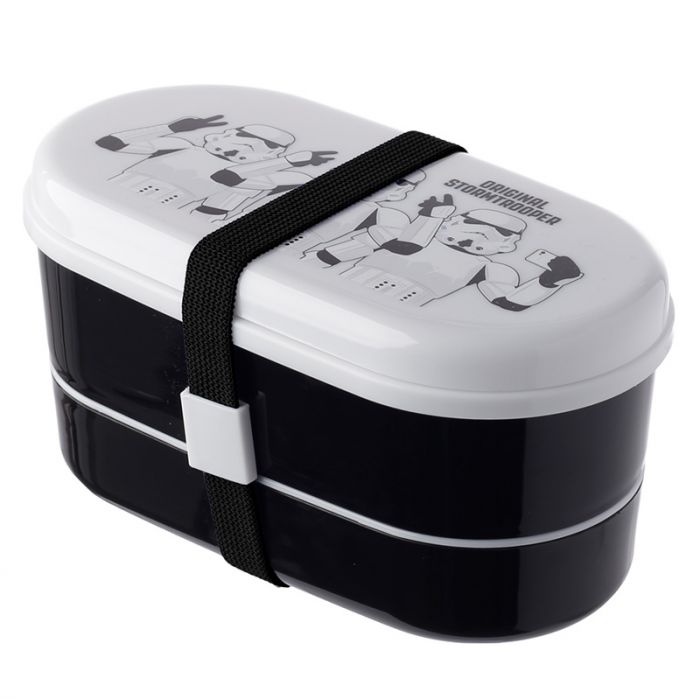 star wars stormtrooper bento lunch box with fork and spoon shown assembled with elastic strap