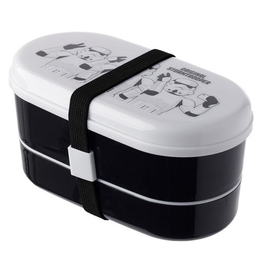 star wars stormtrooper bento lunch box with fork and spoon shown assembled with elastic strap