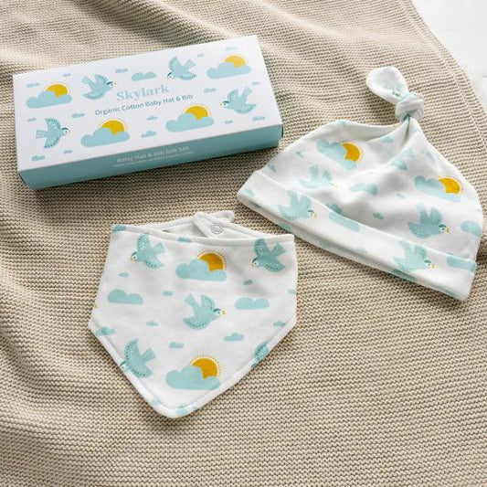 Organic cotton baby hat and bib set with birds design, soft eco-friendly newborn feeding and dribble set