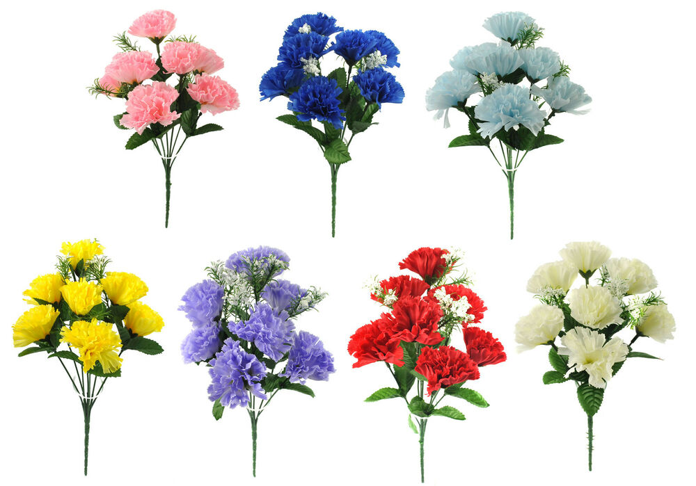 A set of artificial silk carnation bouquets with gypsophila, displayed in various colors including pink, blue, red, yellow, cream, and purple.