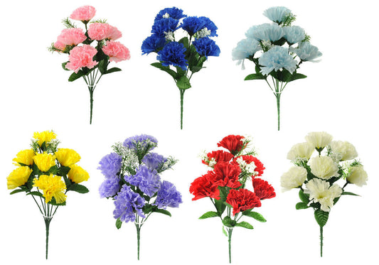 A set of artificial silk carnation bouquets with gypsophila, displayed in various colors including pink, blue, red, yellow, cream, and purple.