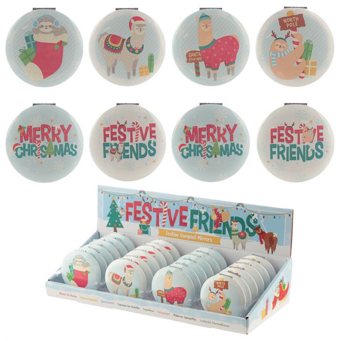 christmas festive friends animals compact mirrors, featuring llama design, compact and lightweight, perfect for handbags or makeup bags, ideal for holiday touch-ups