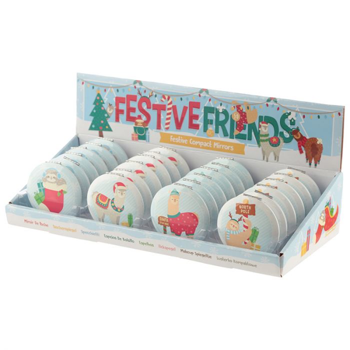 christmas festive friends animals compact mirror retail box, displays all variants, adorable llama design, great for gifts or stocking fillers