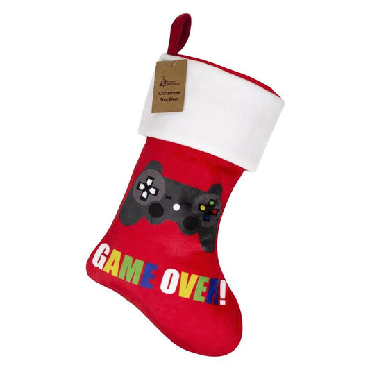 christmas game over christmas stocking, plush stocking with "game over" design, perfect for gamers, ideal for small gifts and festive surprises