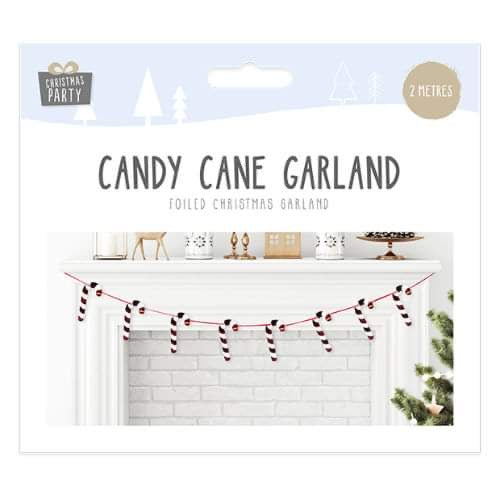 christmas foiled candy cane garland, 2-metre festive garland with traditional candy cane design and foiled finish, perfect for mantelpieces, staircases, and walls