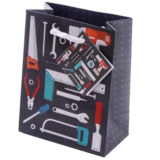 large tools design gift bag with bold tools-themed design, ideal for father's day or birthdays