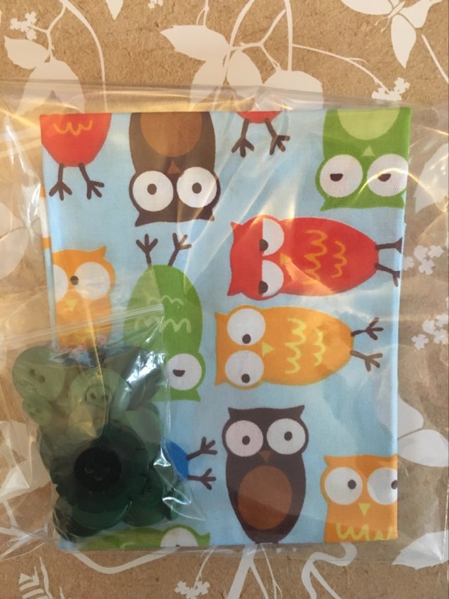 owl themed fat quarter fabric with mixed buttons for patchwork and crafts