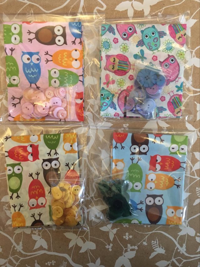 owl fabric fat quarter with coordinating buttons showing all available design variants