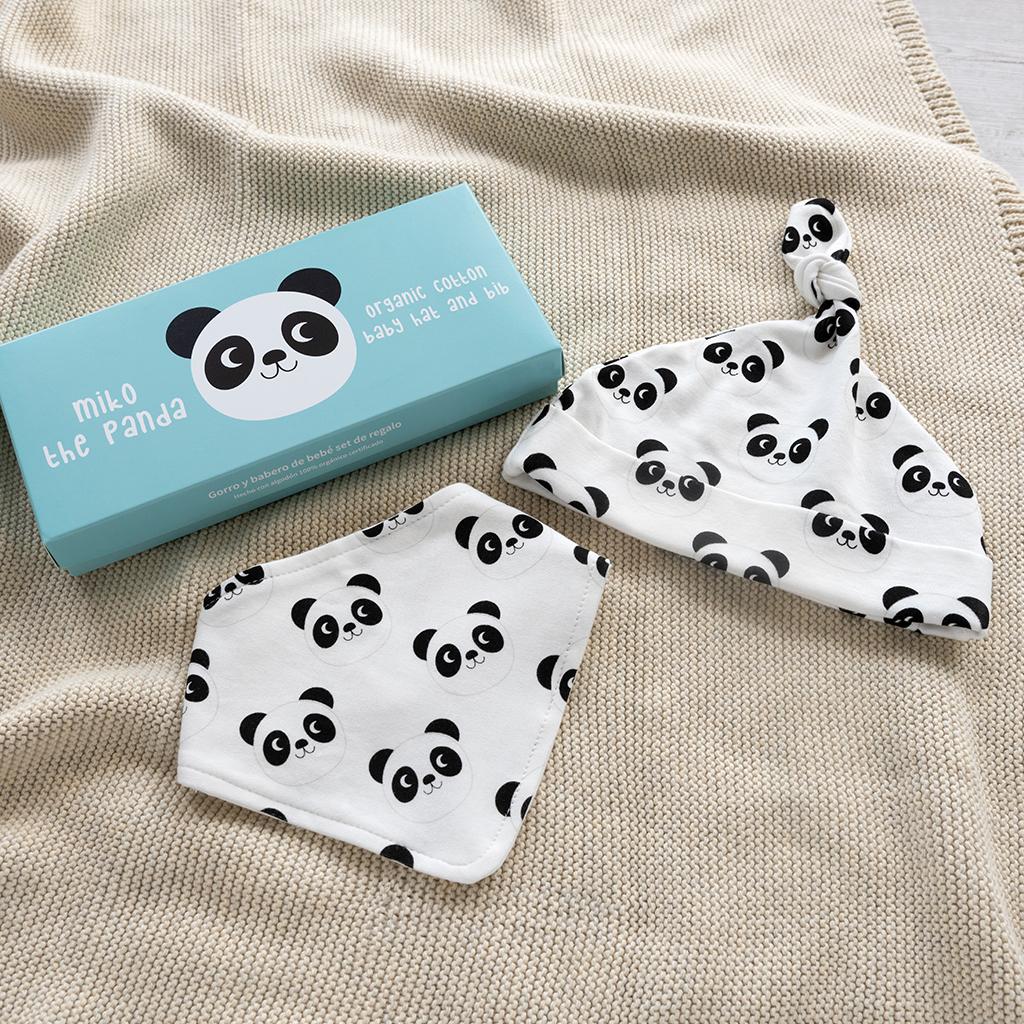Organic cotton baby hat and bib set with panda design, soft eco-friendly newborn feeding and dribble set