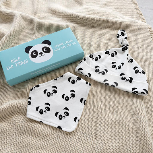 Organic cotton baby hat and bib set with panda design, soft eco-friendly newborn feeding and dribble set