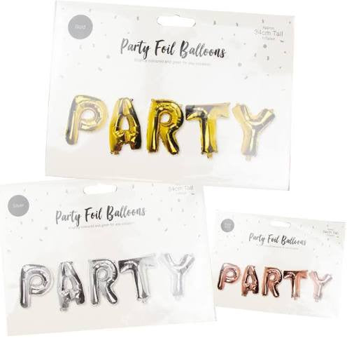 party balloon measuring 34cm in height, available in silver, gold or rose gold, perfect for birthdays and celebrations