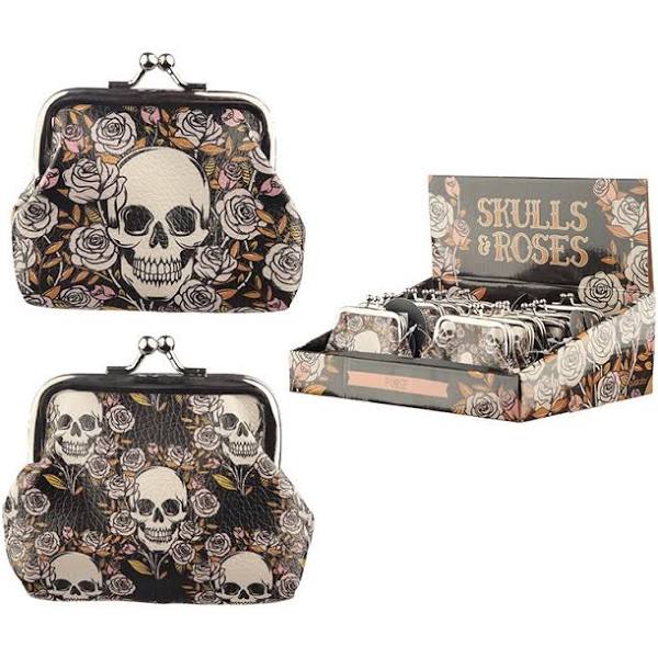 skulls and roses tic tac coin purse retail display showing both tattoo style variants