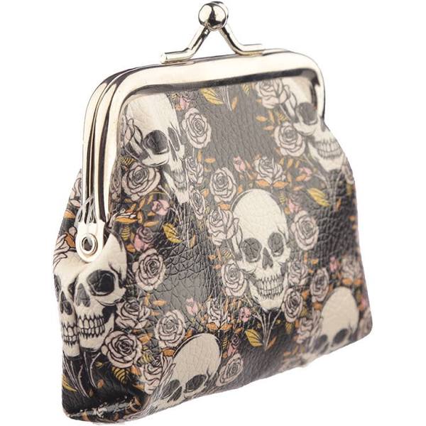 skulls and roses tic tac coin purse multi skull design angled view with clasp