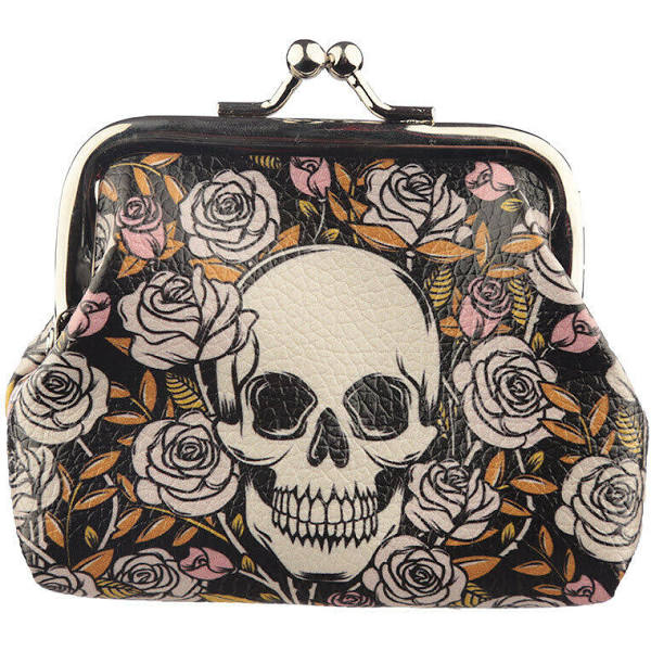 skulls and roses tic tac coin purse large skull tattoo design front view